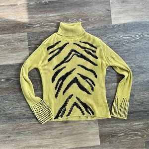 Sharon Young Sequin Tiger Stripe Turtleneck Sweater Chartreuse Green Ribbed Med